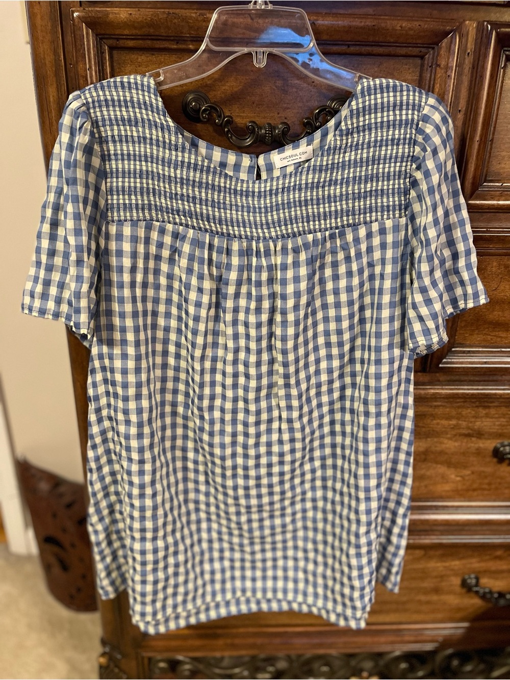 Chic Soul Blue and White Gingham Smocked Short Sleeve Top